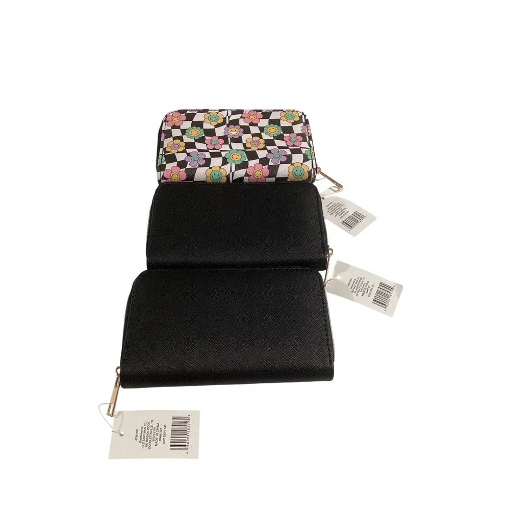 Set of 3 Zip Around Wallets Black and‎ Checkered Floral Smiley Face NWT
